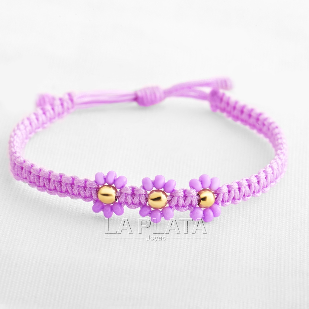 PULSERA DE HILO EN FORMA DE FLOR CON 3 BALINES